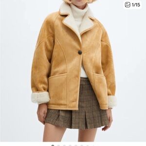 MANGO Yellow Tan Faux Suede Shearling Lined Coat